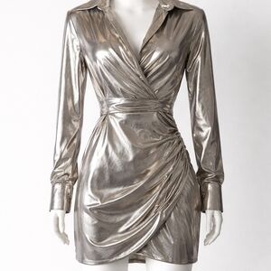 EN SAISON XS Metallic Silver Women's Long Sleeve Dress. Fully Lined.
